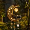 Garden Accessories for Flower Bed Solar Halloween Hanging Moon Cat Lamp with Ghost Star Charm, Black On Crescent Rust Proof Metal Yard Decoration Wind