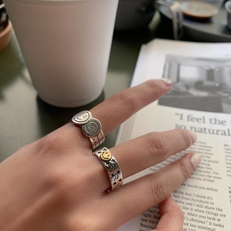 Elegant Smiley Retro Face Star Twisted Stripe Ring In 925 Pure Silver For Chic Womens Accessories And Gifts