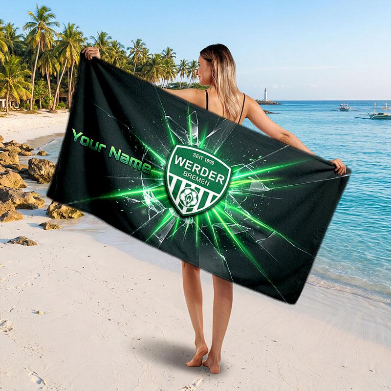 Werder Bremen FC Benutzerdefiniertes Strandtuch, Personalisierter Namens-Textdruck, Fußballlogo Weiches Schnelltrocknendes Handtuch Urlaubsgeschenk