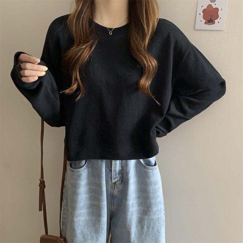 2024 Korean Style Women's Solid Color Hoodie: Fashionable, Loose, Long Sleeve, Round Neck, Short, Versatile Top for Spring/Autumn.