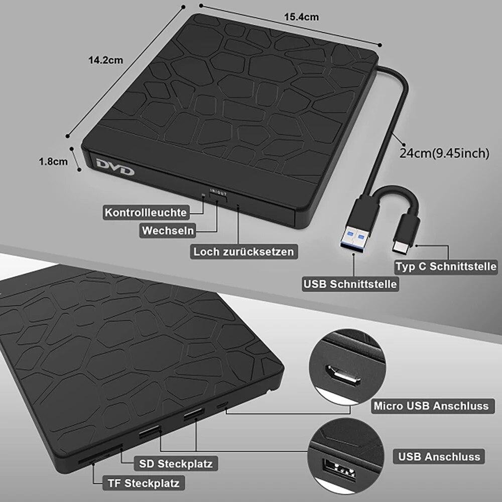 External Drive USB 3.0/Type-C Slim External DVD RW CD Writer Drive Burner Reader Player Optical Drives With SD/TF & USB3.0 Slots