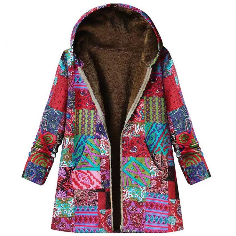Jacket series casual printing cotton and linen printing plush inner hooded zipper women's clothing new