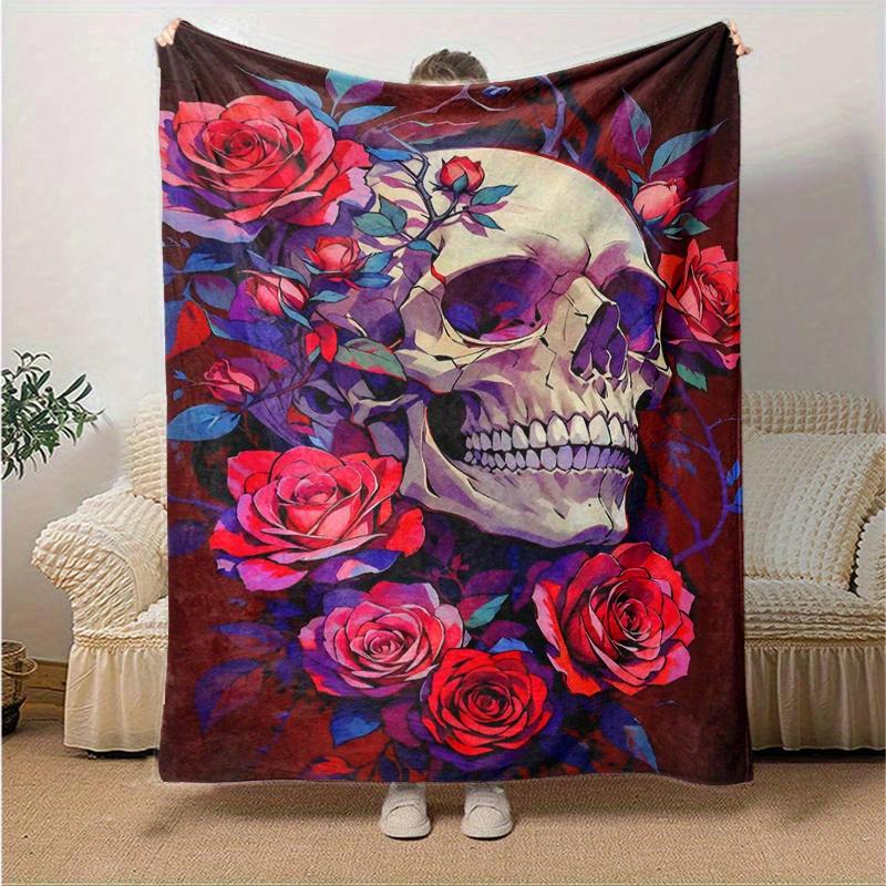 1pc Skull and Roses Cartoon Blanket  Soft Throw for Room Decor, Perfect Gift for Friend, Living Room, Travel, Camping, Car Blankets