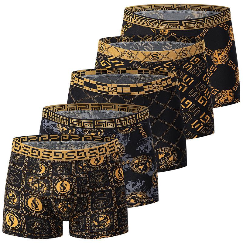 Genç yetişkinler için baskılı tasarımlı, büyük beden lüks altın rengi erkek boxer külot 10'lu paket