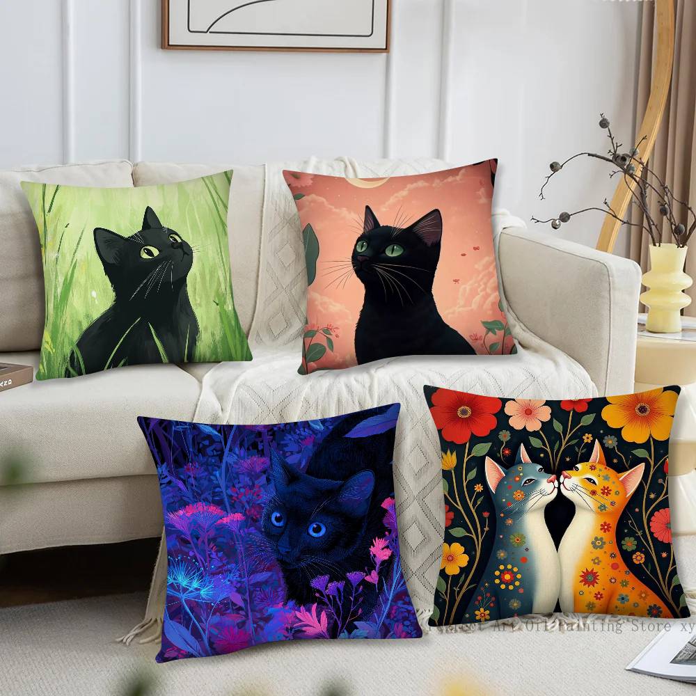 Interesting Black Cat Flower Pillow Case Fashion Square Pillowcase Bedroom Sofa Room Ins Decoration Leisure