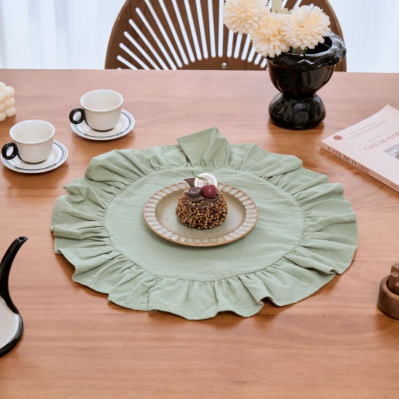 Rustic Placemat Pure Color Round Shape Ruffled Trim Afternoon Tea Placemat Cotton Table Mat Dining Kitchen Table Decor 90%