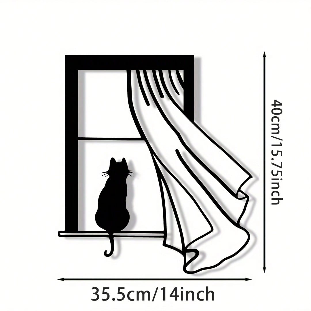 

Metal Wall Art Silhouette of Cat at Window Black Iron Home Decor Vertical Design for Living Room Bedroom Office