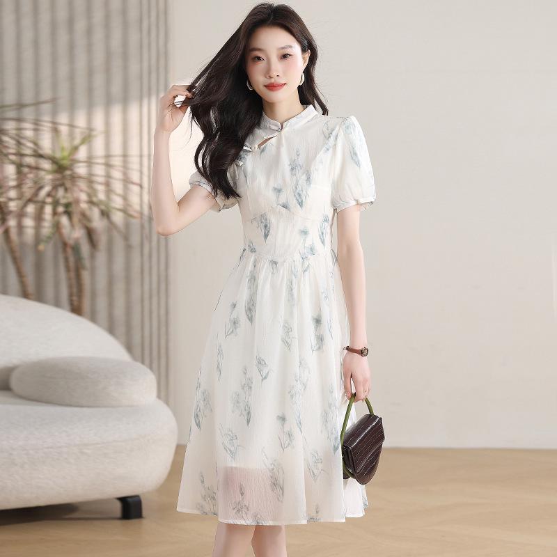 New Chinese Style Summer 2026 Women's Dress: Zen Puff Sleeve Cheongsam