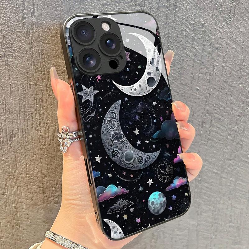 Bunte Sterne und Mond Glasmaterial Handyhülle für iPhone 17 16 15 14 13 12 11 Pro Max 16E 7 8 Plus XR XS X Stoßfeste Hülle