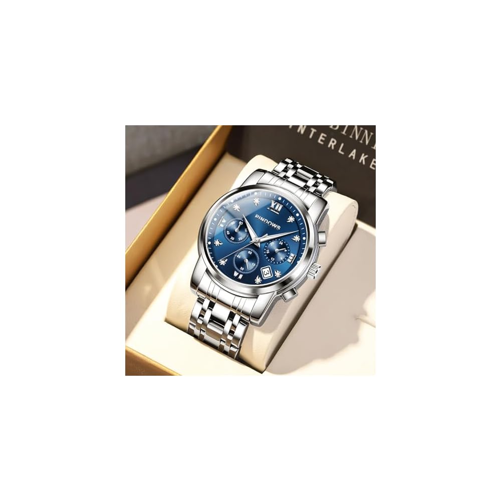 PINDOWS Men's Diamond Business Dress Analog Quartz Watch Waterproof Luminous Date Two-Tone Stainless Steel Band Classic Fashion Watch