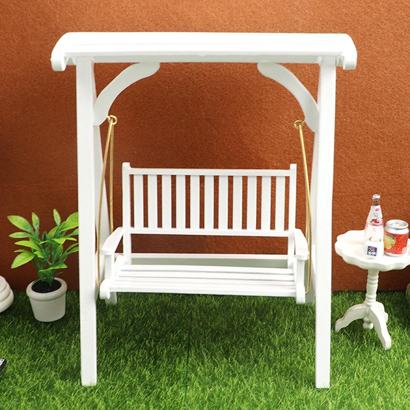1:12 White Wood Swing Modle Toys Dollhouse Miniature Furniture Mini Wooden Swing Chair Garden Scene Doll House Decor Accessories