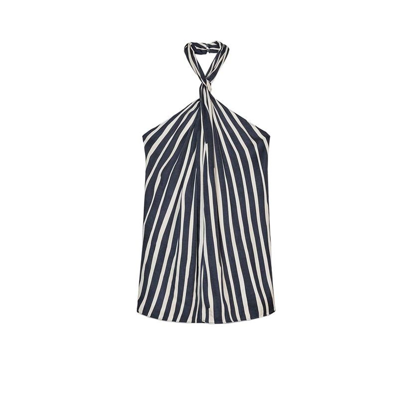 

Spring and Summer Open Back Contrast Color Stripes Hanging Collar Tops 2906096 Stripes Loose Mid Waist Pants 2913097 Stripes Tops L