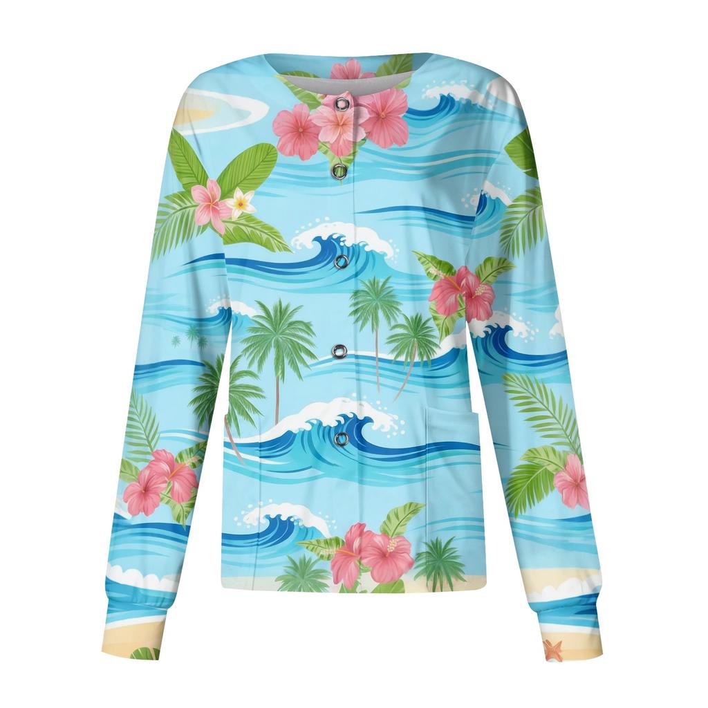 Women's Casual Long Sleeve Hawaiian Floral Print Single Button Scrub Cardigan Top for Uniform