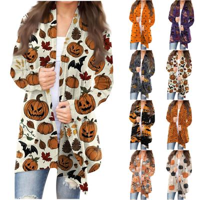 Modische, lässige, Halloween-bedruckte, langärmelige, mittellange Strickjacke für Damen