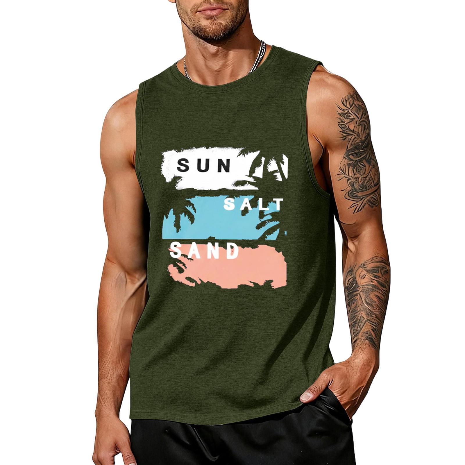 Men s loose and casual Hawaiian print sleeveless shirt L армия зеленый