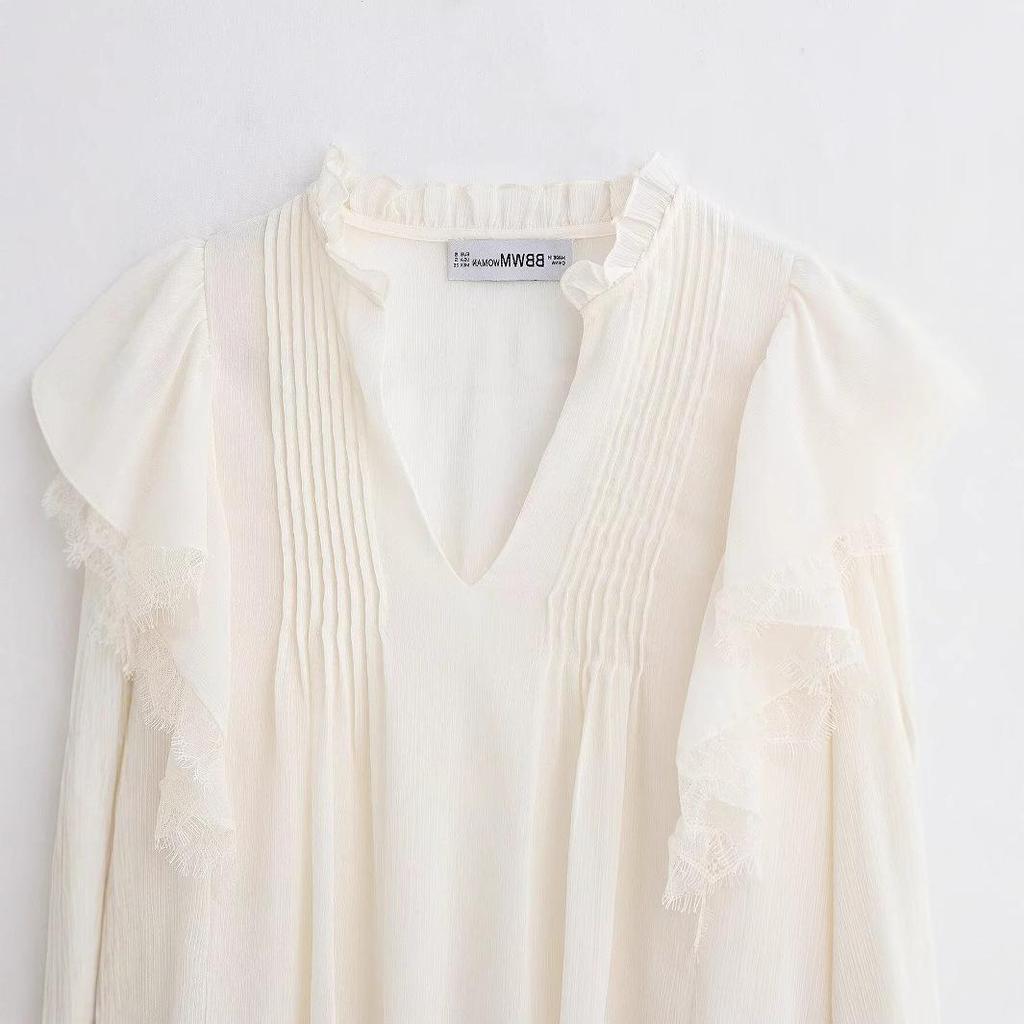 TAOP&ZA Spring/Summer Elegant Women's V-Neck Long Sleeve Ruffle Blouse