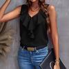 Yousheng Women Vest Solid Color V-Neck Ruffle Trim Sleeveless Blouse Loose Fit Summer Pullover Tops Daily Wear