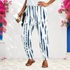 Women Plus Size Loose Straight Long Pants Blue White Printed With Pockets