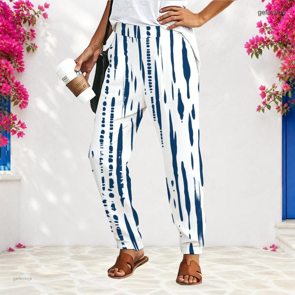 Women Plus Size Loose Straight Long Pants Blue White Printed With Pockets