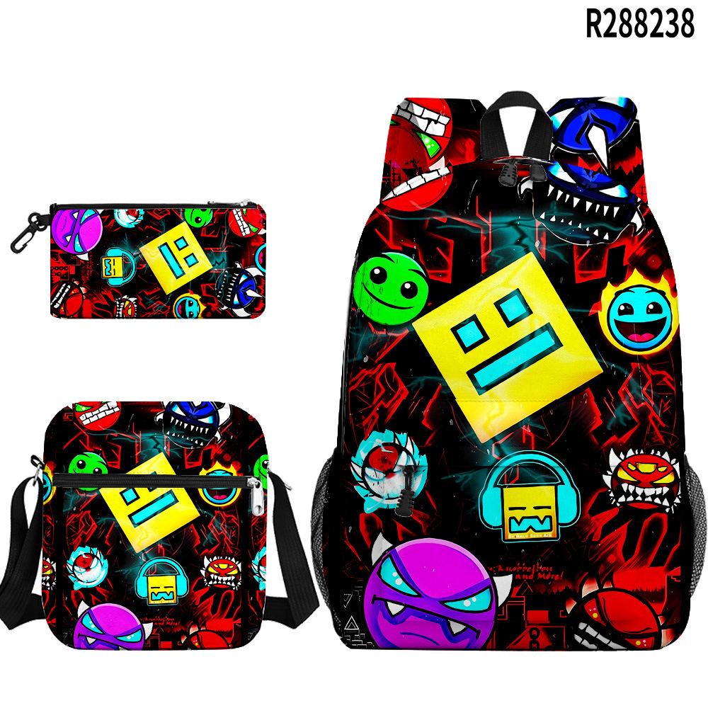 Popular Cool Geometry Dash 3D Printed 3pcs/Set Pupil School Bags Laptop Daypack Backpack Inclined Shoulder Bag Pencil Case