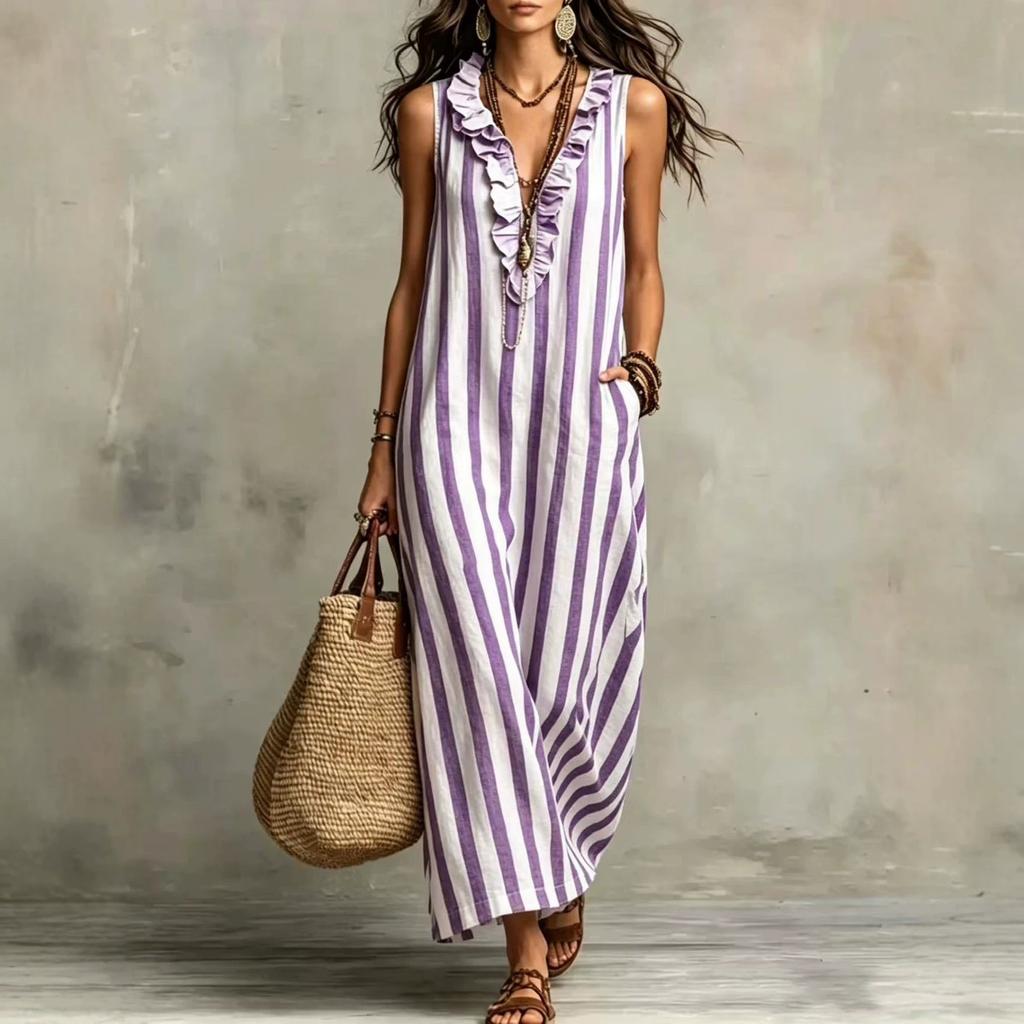 European and American cross-border women's clothing Amazon 2026 new bohemian temperament vertical striped V-neck pocket sleeveless long dress