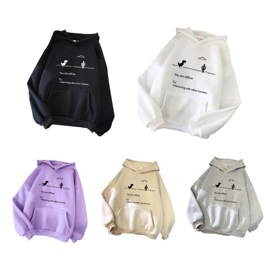 Dlouhé rukávy Kapsa Stahovací šňůrka Zesílená plyšová podšívka Zimní mikina s kapucí Ženy Malý dinosaurus Potisk Volná mikina s kapucí Streetwear