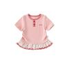 Girls Pink Round Neck Short Sleeve T Shirt with Sweet Checkered Lace Trim for Summer