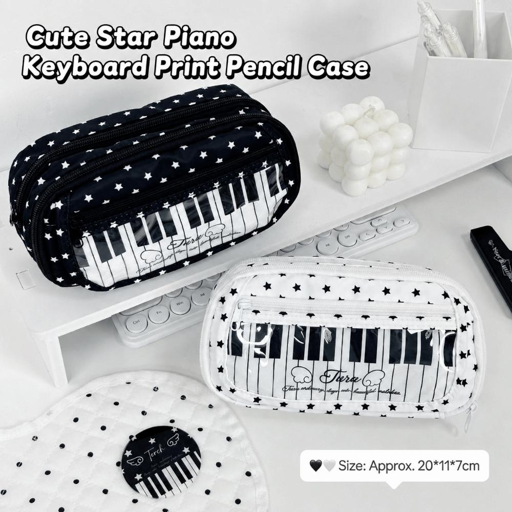 Star Piano Keyboard Print Pen Bag Multi-Layer Stationery Pouch Pencil Pouch School Supplies