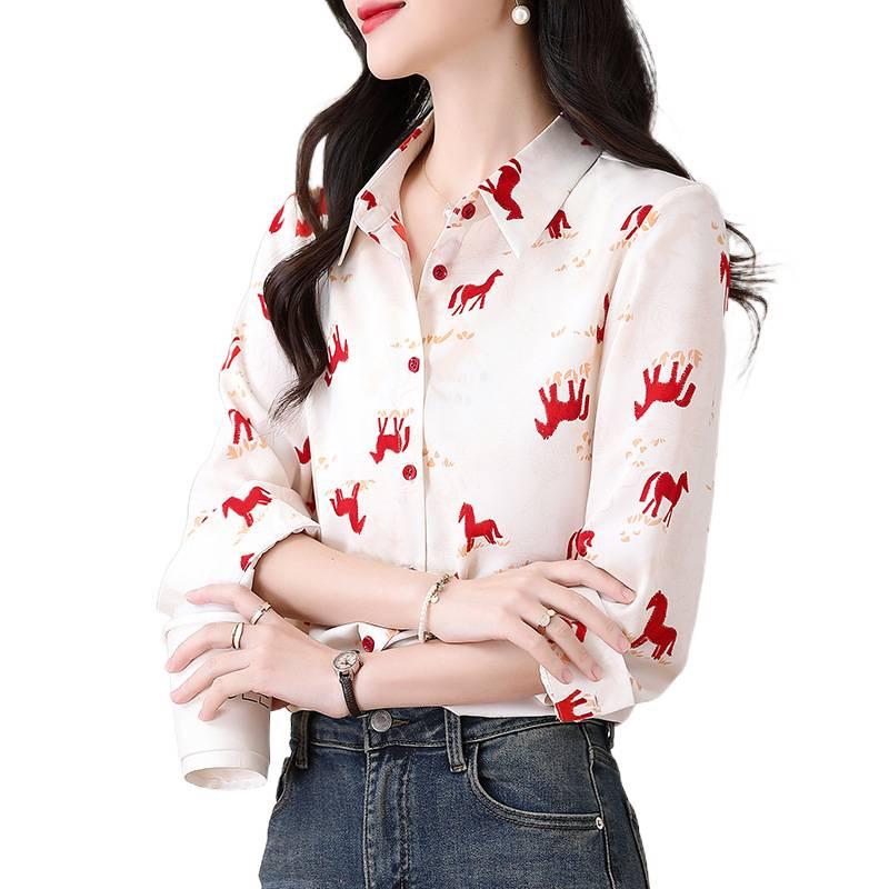 Women's French Retro Pony Print Chiffon Shirt - Elegant Designer Spring/Autumn 2026 Style