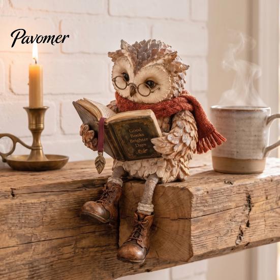 Owl Figurine for Bookshelf Reading Figurine, Creative Statue with Glasses Scarf Boots And Open Book, Woodland Theme Table Decor Sculpture Book
