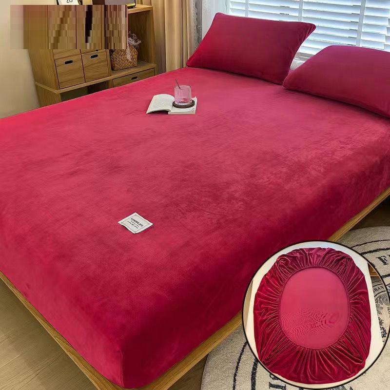 Solid Color Milk Velvet Fitted Sheet Soft Comfortable Bedding Mattress Protector Autumn Winter Warm Mattress Cover for Bedroom
