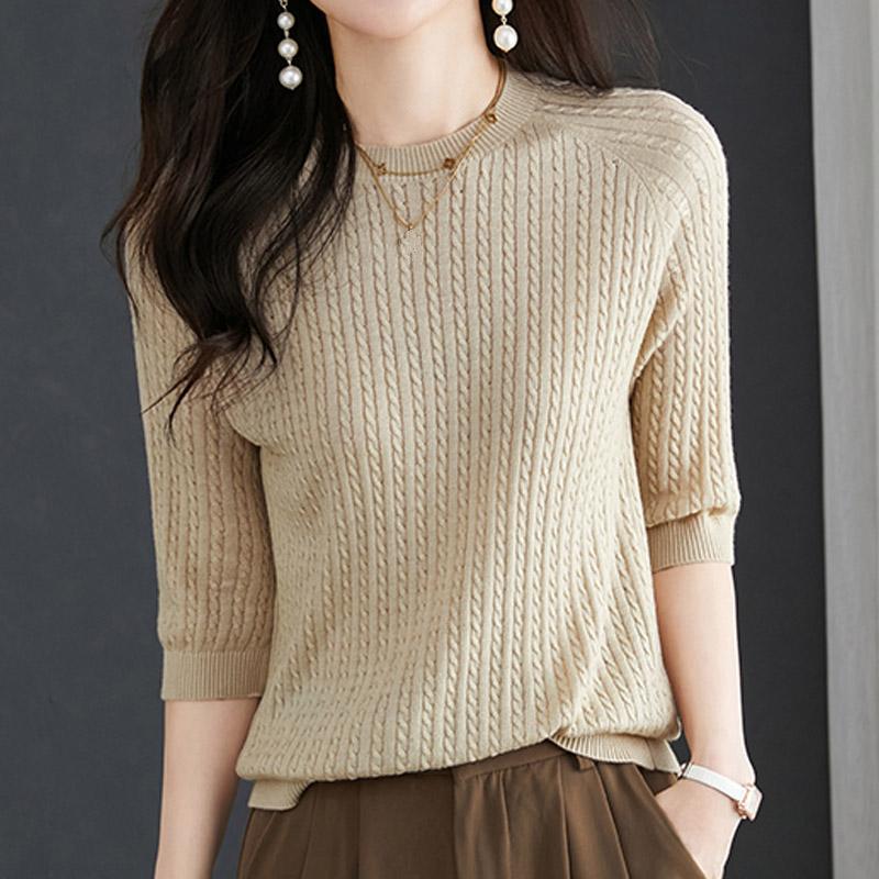 Dámské svetry pulovry 2025 Léto Krátký rukáv Kulatý výstřih Černý pletený svetr Dámské topy Pulovr JJ142