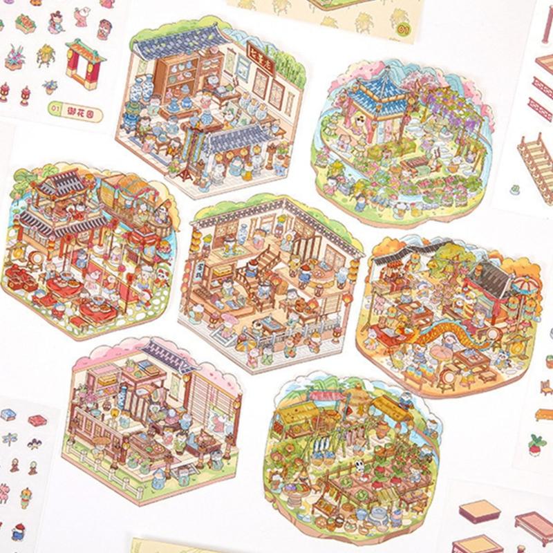 DIY Decorative Sticker Chinoiserie Theme Landscape Sticker Book Scene Sticker Journal Supplies Gift for Kid Child