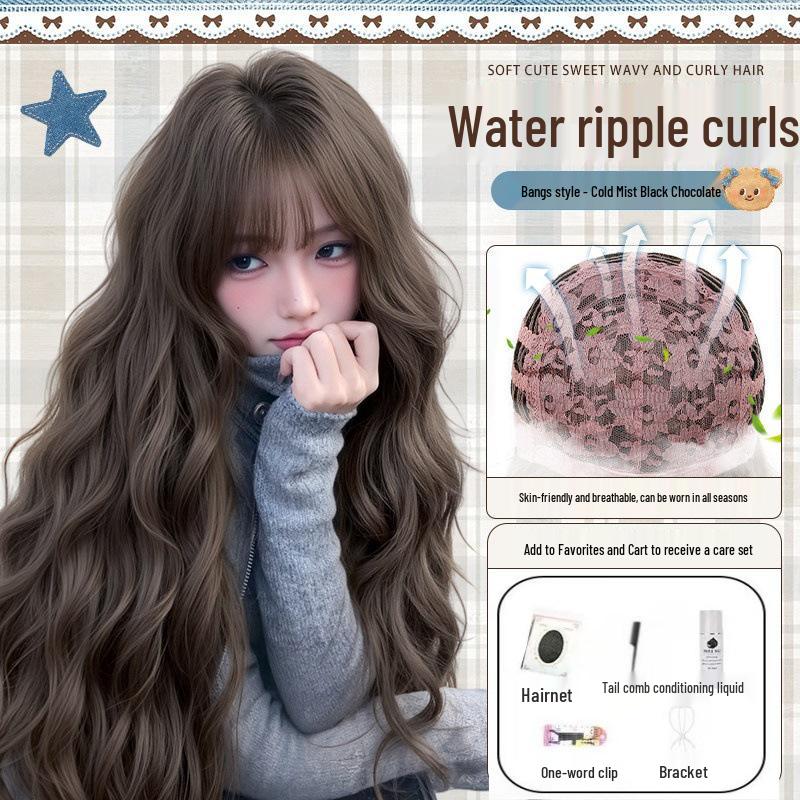 Women's Full Head Wig, Lazy Water Wave Long Curly Hair, Natural Seamless Look, Large Scalp Egg Roll Wig.