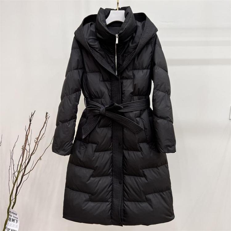 Warm Thickened Slim Fit Down Coat Long Hooded Knee Length Solid Color Casual Waist Slimming Winter Jacket
