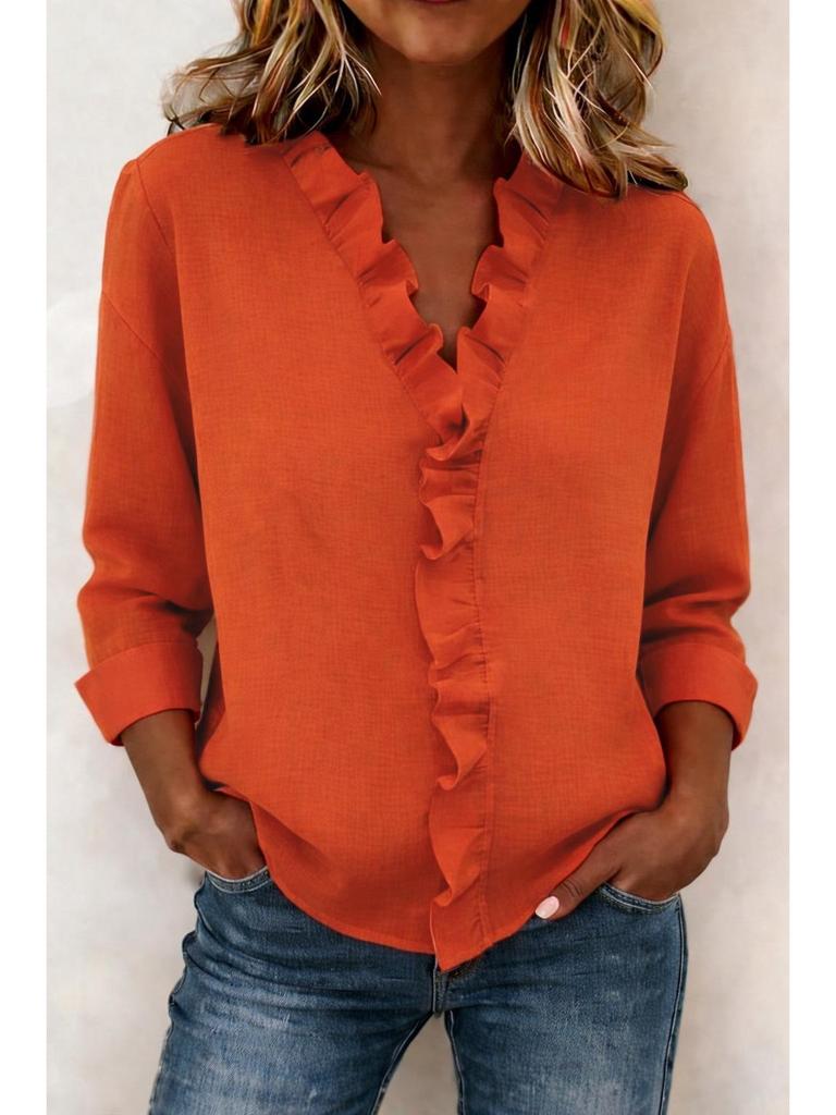 Top Elegante con Volantes y Cuello en V Estilo Francés para Mujer Primavera/Otoño 2026 Europeo y Americano