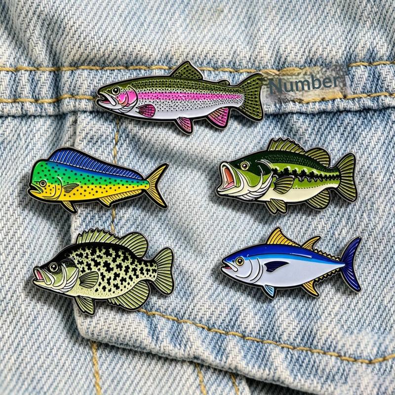 1/5Pcs Freshwater Saltwater Fish Enamel Pins Trout Tuna Bass Lapel Pin Fishing Lover Brooch Backpack Clothes Decor Gift