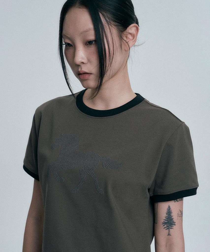 MOO Horse Hotfix Ringer Short Sleeve T-Shirt - Khaki