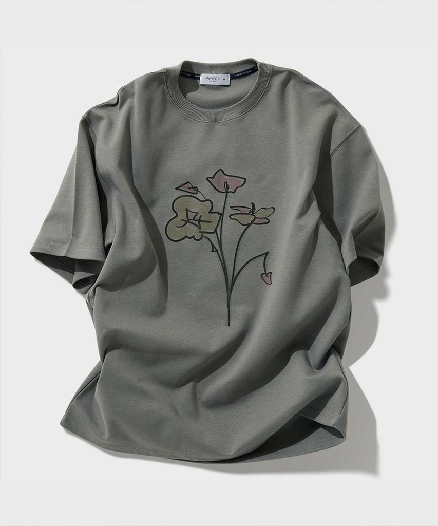 FFEFF STUDIO Artwork Flower Drawing Short Sleeve T-Shirt (Cement)
