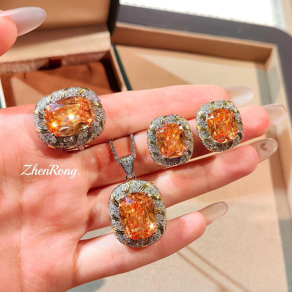 Chinese Red Women Jewelry Set Luxury Gold Necklace Champagne Stud Earrings High Carbon Diamond Ring Gemstone Fashion Gift