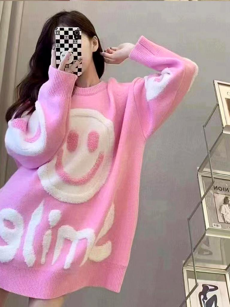 Osaka Los Gebreide Trui Dames Herfst Winter Mode Casual Werk Lange Mouw Lachende Ronde Hals Pullover