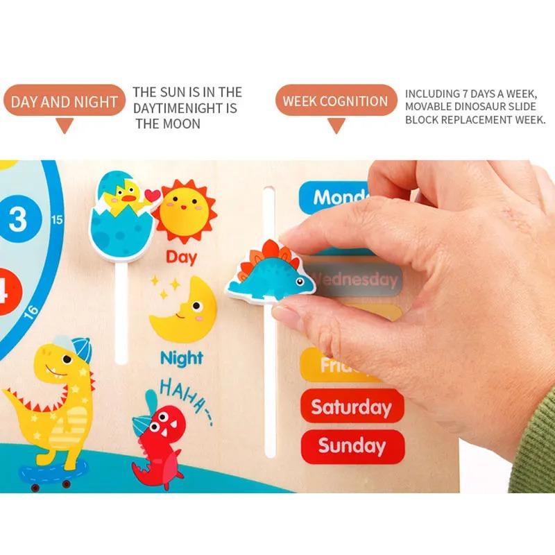 Kinder Dinosaurier Holz Kalender Uhr Lernspielzeug Montessori Pädagogisches Lernen Zeit Wetter Woche Kognitives Gemeinde Spielzeug