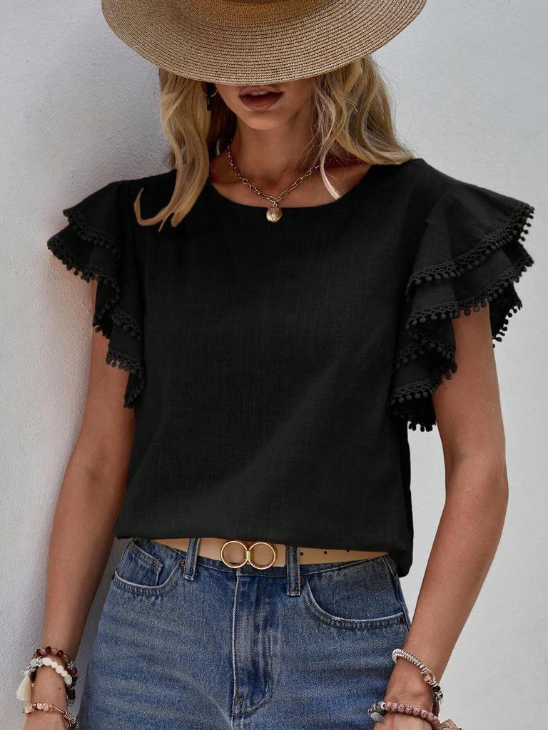 Women's Casual Round Neck Loose Summer Shirt with Ruffles Batwing Sleeves Short Sleeve Top for Women
