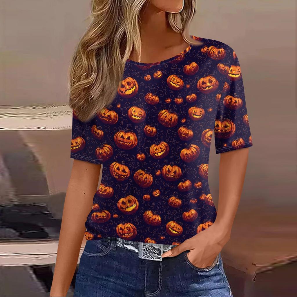 Women's Short Sleeve Halloween and Pumpkin Print T-Shirt, Casual Round Neck Pullover Top for Women