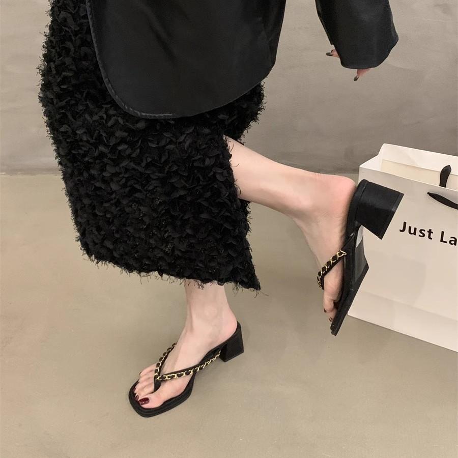 Height-increasing Version~ 2025 Summer New Thick-heeled Flip-flops, Women's Shoes Retro Metal Chain Toe High-heeled Sandals