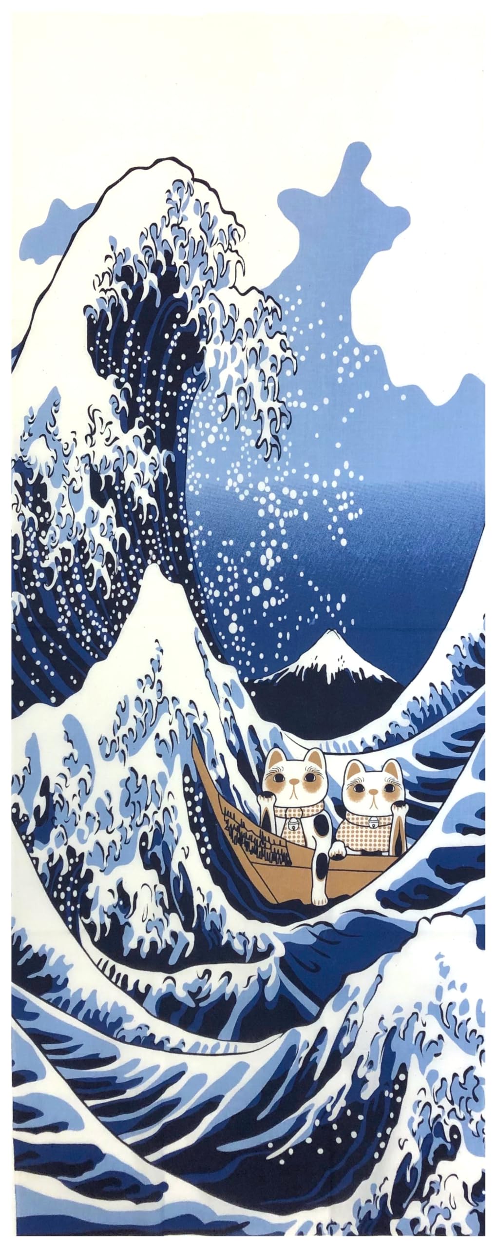 

Yagisei Lucky Cat Series Printed Tenugui hand and Mount Hokusai Parody Lucky Charm Made in Japan [yYAGISEI] (Japanese towel) Waves Fuji синий