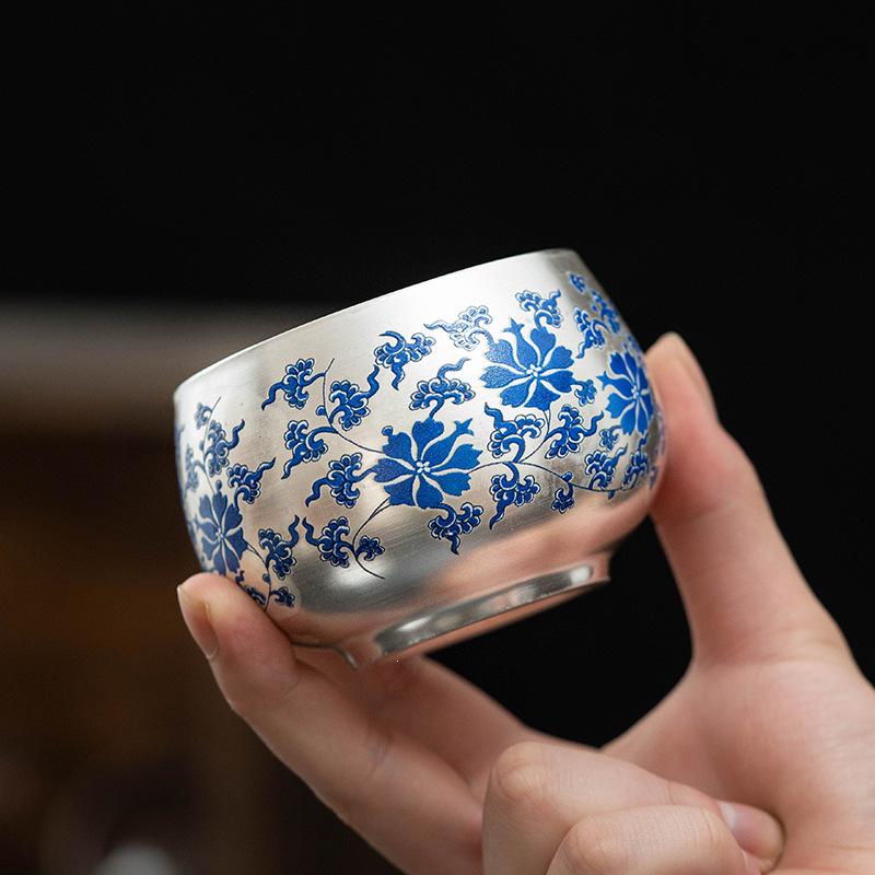 Handcrafted Sterling Silver Ceramic Tea Cup - Blue & White Lotus Design