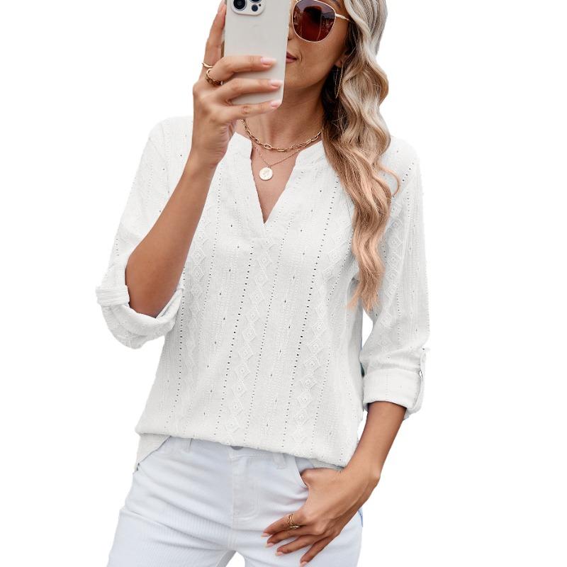 Damen Frühling und Sommer Neues einfarbiges V-Ausschnitt Siebenviertelärmeliges Knopf-Top-T-Shirt