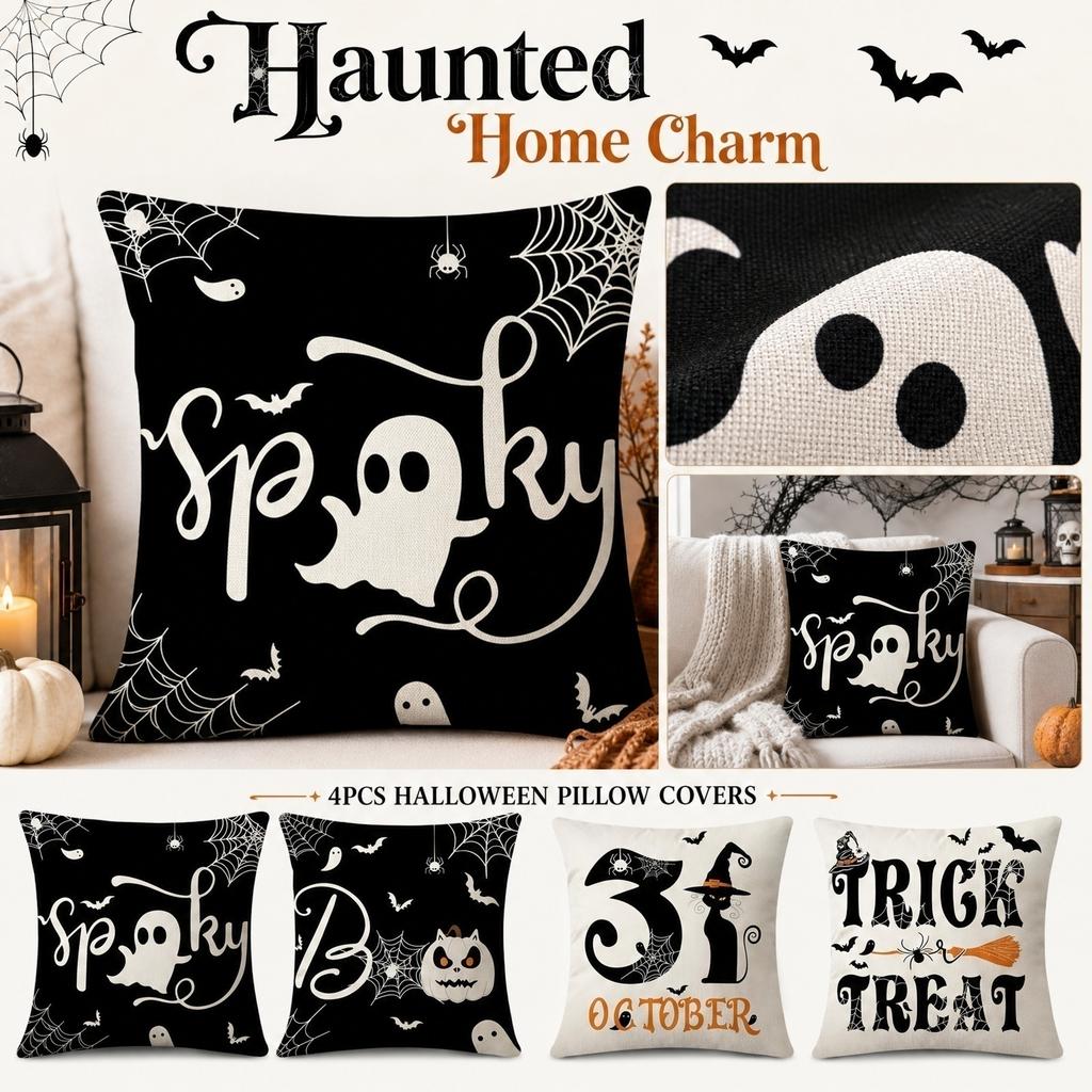 4PCS Halloween Pillow Covers Linen Fabric Waist Cushion Covers Home Decorative Pillowcases with Printed Halloween Patterns for Sofa Bedroom