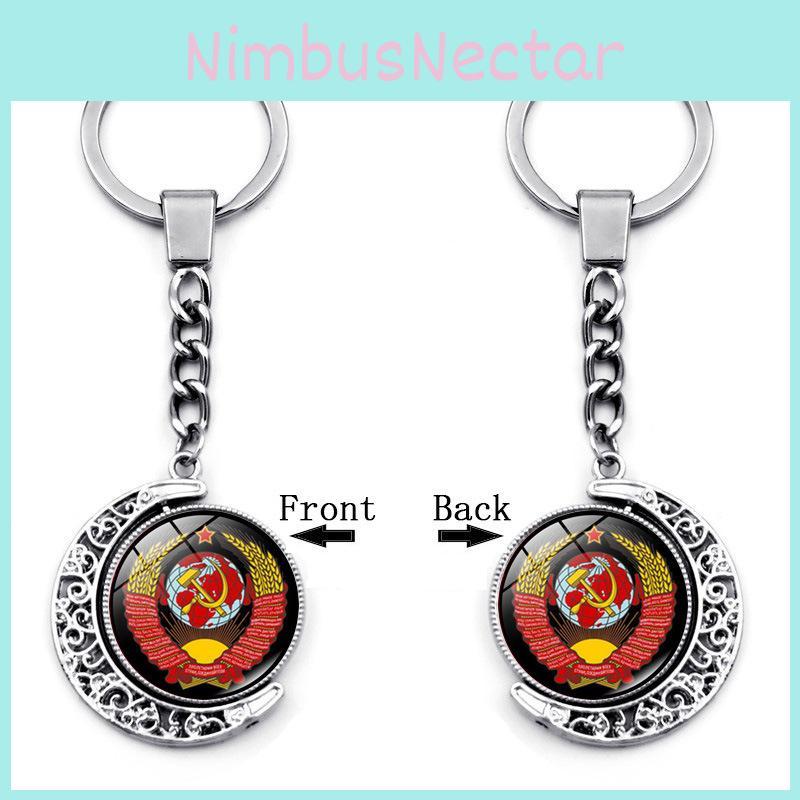 Elegant Soviet Badge Russian Cccp Keychain Double-sided Rotating Moon Pendant
